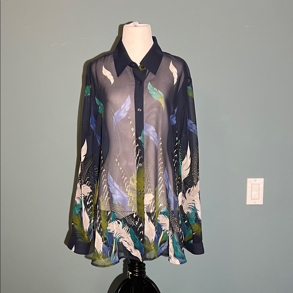 Liz Baker Sheer Button Down with Blue and Green Leaf Design